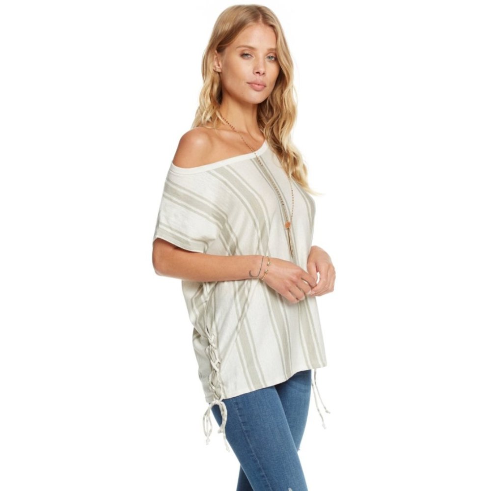 NEW Chaser Linen Striped Lace-Up Corset Dolman Short Sleeve Natural Fiber Edgy